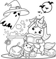 livre de coloriage d'halloween avec une licorne mignonne vecteur