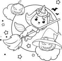 livre de coloriage d'halloween avec une licorne mignonne vecteur