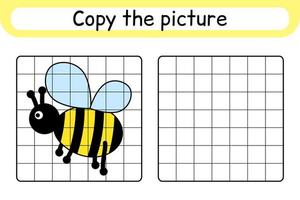 copiez l'image et coloriez l'abeille. compléter le tableau. terminer l'image. livre de coloriage. jeu d'exercices de dessin éducatif pour les enfants vecteur