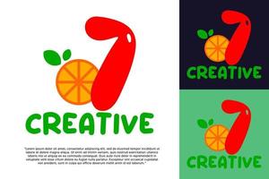 numéro initial 7 avec élément de concept vectoriel logo fruits orange, logo numéro 7 avec orange bio