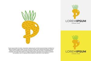 logo de lettre p en ananas. calligraphie faite à la main de fruits pour l'identité agricole, les cartes de restaurant, les t-shirts pour enfants, les imprimés d'été, etc. vecteur