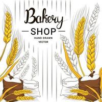 récolte de blé et farine dans un style dessiné à la main pour la conception de boulangerie sur fond blanc, produits céréaliers, bannière alimentaire vecteur
