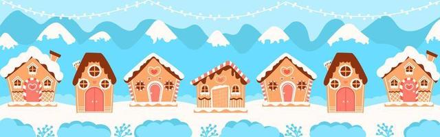 bannière web de maisons de pain d'épice de noël pour les vacances d'hiver, carte de voeux en style cartoon sur fond bleu vecteur