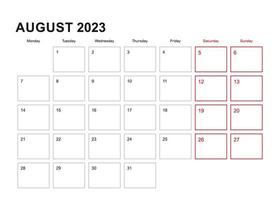 planificateur mural pour août 2023 en anglais, la semaine commence le lundi. vecteur