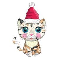 chat de dessin animé mignon en bonnet de noel avec cadeau, boule de noël, candy kane. hiver 2023, noël et nouveau chinois vecteur