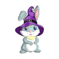 lapin mignon en chapeau de sorcière avec citrouille, balai, potion. concept de festival d'halloween heureux. personnage de mascotte de lièvre de l'année 2023 vecteur