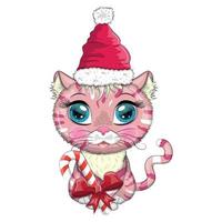 chat de dessin animé mignon en bonnet de noel avec cadeau, boule de noël, candy kane. hiver 2023, noël et nouveau chinois vecteur