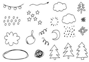 doodle ligne étoiles, arbres, nature. jeu de croquis, jolie ligne isolée, éléments de collection. vecteur