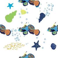 modèles sans couture de poisson mandarin. beau personnage parmi les coquillages, les algues, les étoiles de mer, le caractère animalier de la faune marine. nature sous l'eau, poisson de zoo marin sauvage de l'océan. vecteur