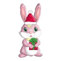 lapin de dessin animé mignon en bonnet de noel avec un cadeau. hiver 2023, noël et nouvel an vecteur