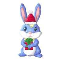 lapin de dessin animé mignon en bonnet de noel avec un cadeau. hiver 2023, noël et nouvel an vecteur