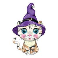 chat de dessin animé en chapeau de sorcière violet avec balai, citrouille, potion. personnage d'halloween, affiche. symbole de 2023 vecteur