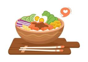 plat hawaïen poke bowl modèle de nourriture dessin animé dessiné à la main illustration plate avec riz, thon, poisson frais, oeuf et légumes design vecteur