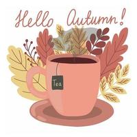 bonjour impression de style plat vecteur automne avec tasse de thé et feuilles d'automne. feuilles jaunes et rouges d'automne derrière l'illustration de la tasse de thé