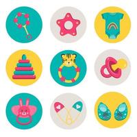 ensemble d'icônes de cercle pour le site Web, faits saillants des histoires avec des accessoires pour les soins du nouveau-né, la maternité. convient au magasin d'articles pour enfants, met en évidence la couverture des histoires pour la mère blogueuse. autocollant rond. vecteur