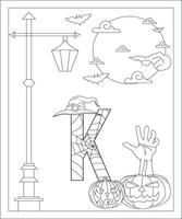 page de coloriage alphabet avec style halloween. abc coloriage - lettre k vecteur libre vecteur gratuit