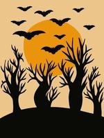 illustration plate de vecteur de lune d'halloween. paysage d'halloween effrayant avec silhouette d'arbres et chauves-souris noires.