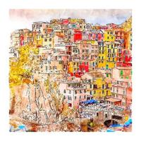 belle ville de manarola italie croquis aquarelle illustration dessinée à la main vecteur