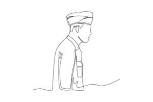 un dessin en ligne continu d'un vétéran masculin en uniforme avec béret. concept de la journée des anciens combattants. illustration graphique vectorielle de dessin à une seule ligne. vecteur