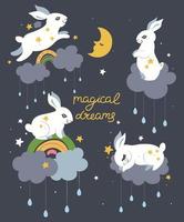 carte postale avec des lapins mignons et l'inscription rêves magiques. graphiques vectoriels. vecteur