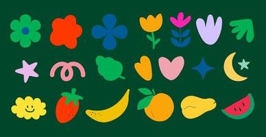 ensemble de fleurs colorées et de fruits frais dessinés à la main gribouillis doodle dessin au trait illustration vectorielle vecteur