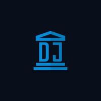 monogramme de logo initial dj avec vecteur de conception d'icône de bâtiment de palais de justice simple