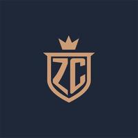 logo initial monogramme zc avec style bouclier et couronne vecteur