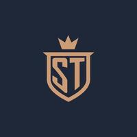 logo initial monogramme st avec style bouclier et couronne vecteur