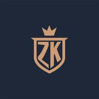 logo initial monogramme zk avec style bouclier et couronne vecteur