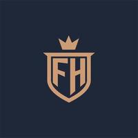 logo initial monogramme fh avec style bouclier et couronne vecteur