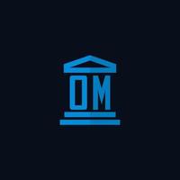 monogramme de logo initial om avec vecteur de conception d'icône de bâtiment de palais de justice simple