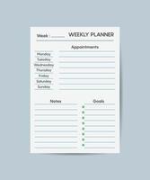 modèle de planificateur hebdomadaire clair et simple imprimable pour faire la liste feuille de papier de page d'organisateur d'entreprise. vecteur