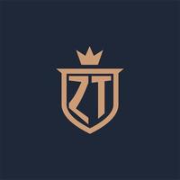 logo initial monogramme zt avec style bouclier et couronne vecteur