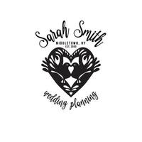 logo préfabriqué de planificateur de mariage. couleurs noir et blanc. fond isolé. silhouette de timbre dessiné à la main. beaux oiseaux. symbole du coeur d'amour. salon de mariage. vecteur