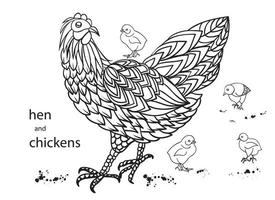 ensemble de poules et de poulets.. contour de griffonnage dessiné à la main vecteur