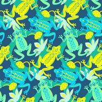 grenouilles vertes jaunes sur un étang avec des nénuphars et des feuilles. modèle sans couture. style plat découpé en papier. décoration en tissu. imprimer pour les vêtements. conception textile. personnage mignon dessiné à la main. vecteur