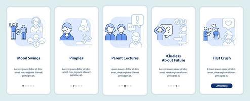 défis à l'adolescence écran d'application mobile d'intégration bleu clair. instructions graphiques modifiables en 5 étapes avec des concepts linéaires. ui, ux, modèle d'interface graphique. vecteur