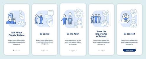 amélioration de l'écran de l'application mobile d'intégration bleu clair de l'attitude des adolescents. instructions graphiques modifiables en 5 étapes avec des concepts linéaires. ui, ux, modèle d'interface graphique. vecteur