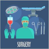chirurgien en salle d'opération avec icône d'instruments vecteur