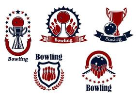 icônes de bowling avec boules, quilles et trophée vecteur