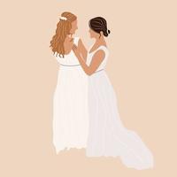 mariage de couple lesbien. mariage homosexuel. mariées en robe lgbt jeunes mariés. illustration de vecteur plat isolé sur fond blanc