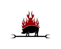 silhouette de cochon avec un bâton de barbecue et un feu derrière vecteur