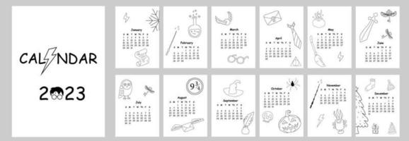 Conception du calendrier 2023. planificateur de calendrier magique doodle dessiné à la main style minimal, organisateur annuel. illustration vectorielle. couleur noir et blanc vecteur