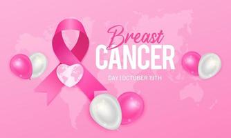 bonne journée du cancer du sein le 19 octobre illustration bannière horizontale avec des ballons de ruban rose sur fond de cartes mondiales vecteur