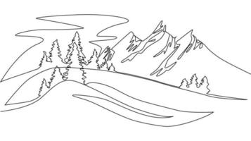 paysage de dessin au trait continu, montagnes et arbres de noël, hiver vecteur