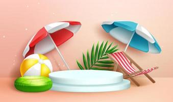 conception de photographie d'été. éléments d'été de parapluie, chaise de plage et ballon de plage flottant sur fond de couleur minimaliste pour la décoration de studio. illustration vectorielle. vecteur