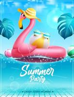 conception d'affiche vectorielle de fête d'été. texte de fête d'été sur fond de piscine avec flotteur flamant rose et feuilles pour s'amuser et profiter d'un événement extérieur tropical. illustration vectorielle. vecteur