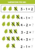 soustraction avec feuille verte. jeu de mathématiques éducatif pour les enfants. vecteur