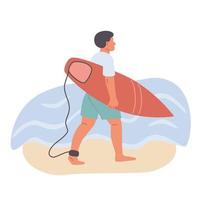 le surfeur masculin va avec la planche de surf près de l'illustration plate du vecteur de l'eau de mer. mec en maillot de bain marche sur le sable. homme surfeur sur l'activité estivale de l'eau de plage