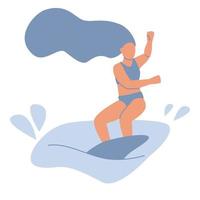 personnage de surfeuse en maillot de bain à cheval sur la vague de l'océan. sports nautiques d'été avec planche de surf, club de surf ou école, illustration vectorielle de passe-temps actif vecteur